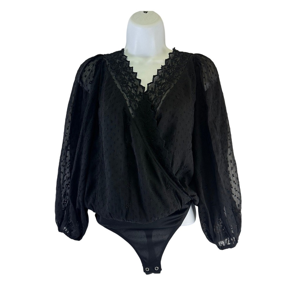 Express Bodysuit Black Romantic Gauze Eyelet Sheer Peasant Sleeve Surplice XS